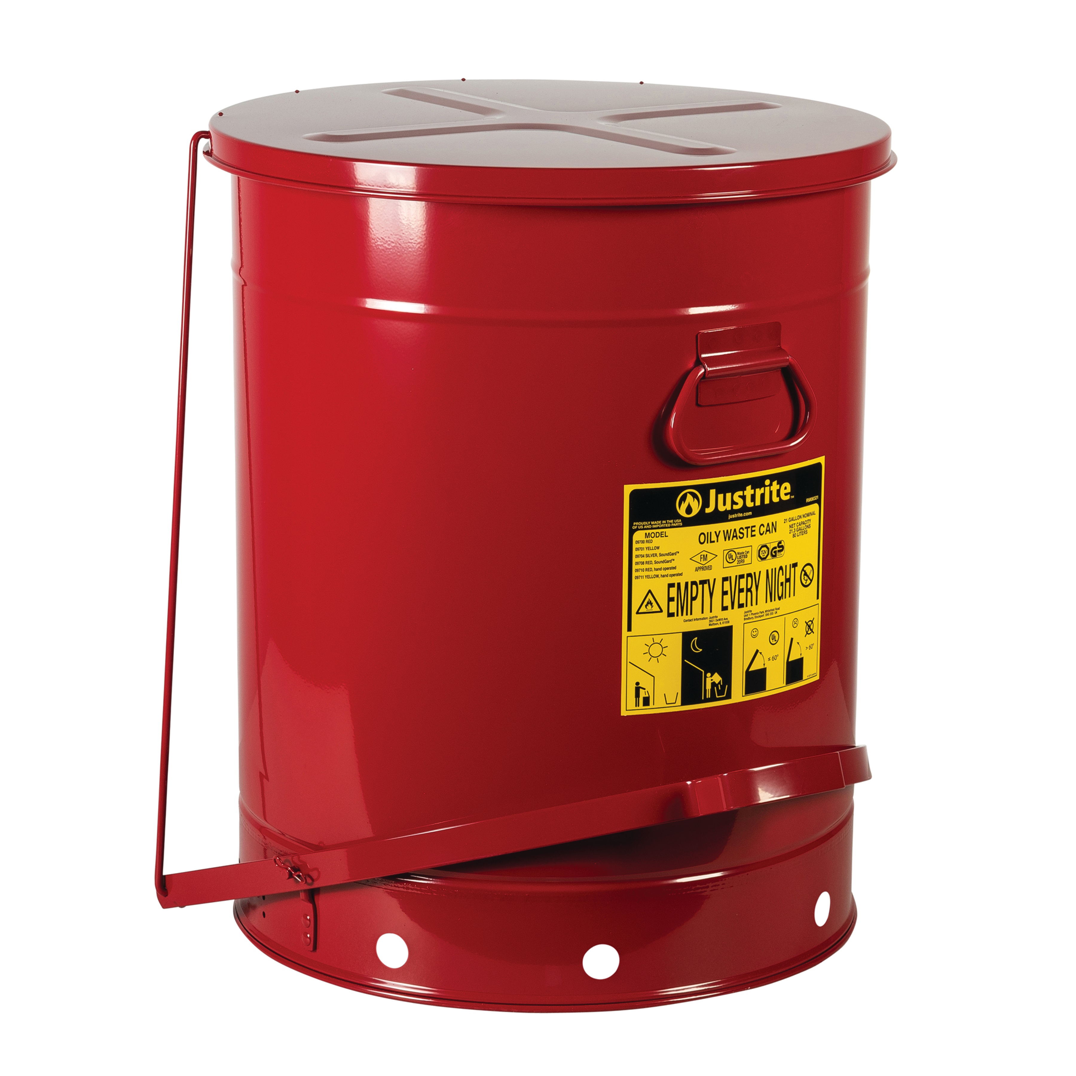 Justrite Oily Waste Cans - Red - Foot Operated - Spill Containment